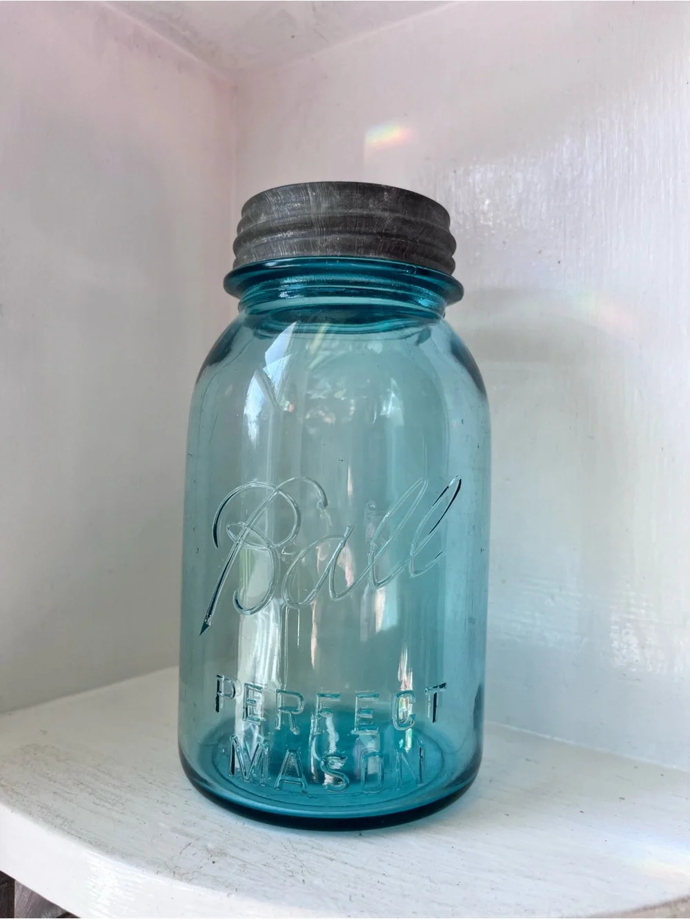 Vintage #13 Ball Perfect Mason Blue Glass Jar with Metal Lid
